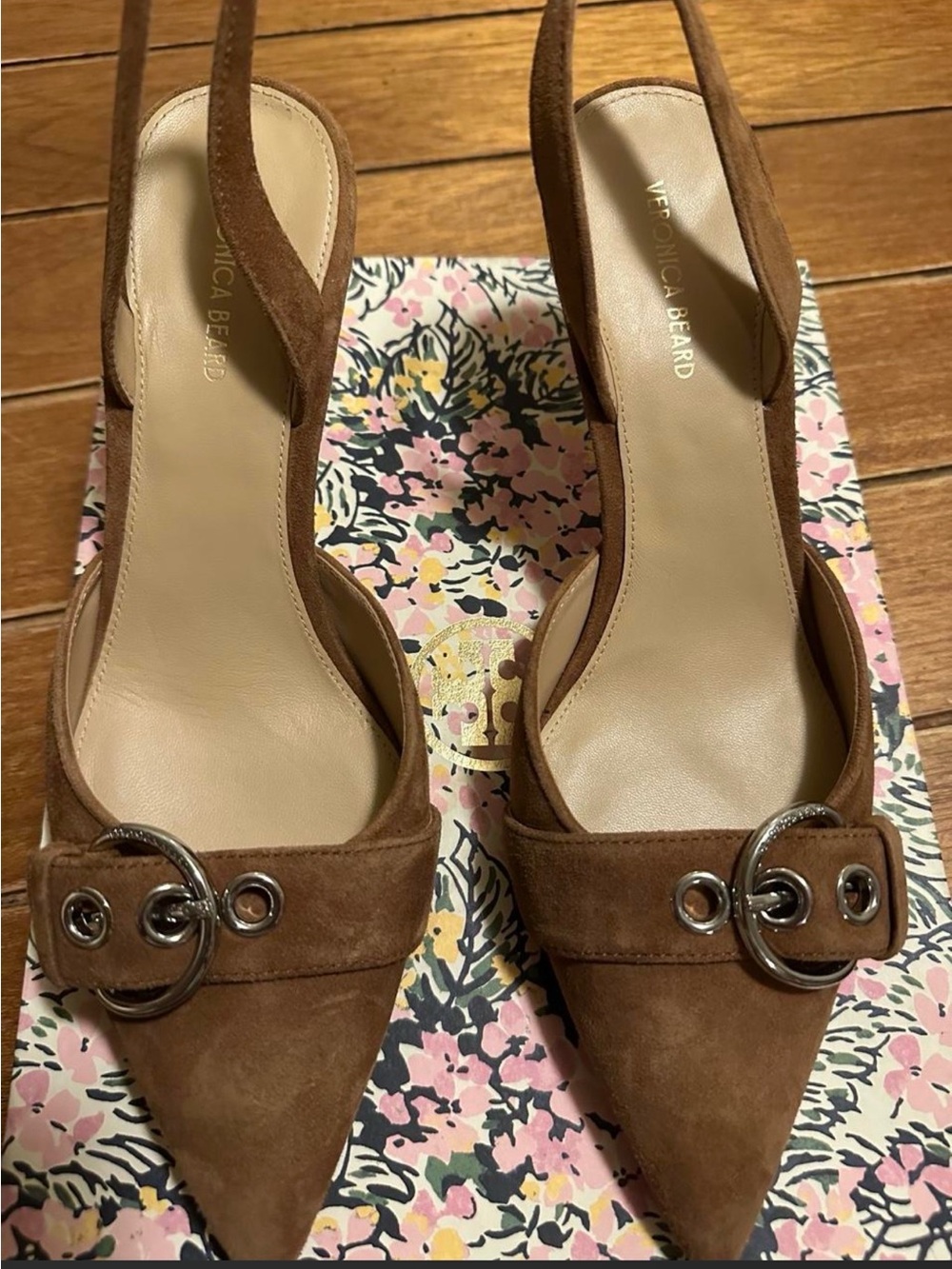 Vero Cuoio Brown Suede Pointed-Toe Slingback Heels with Silver Buckle